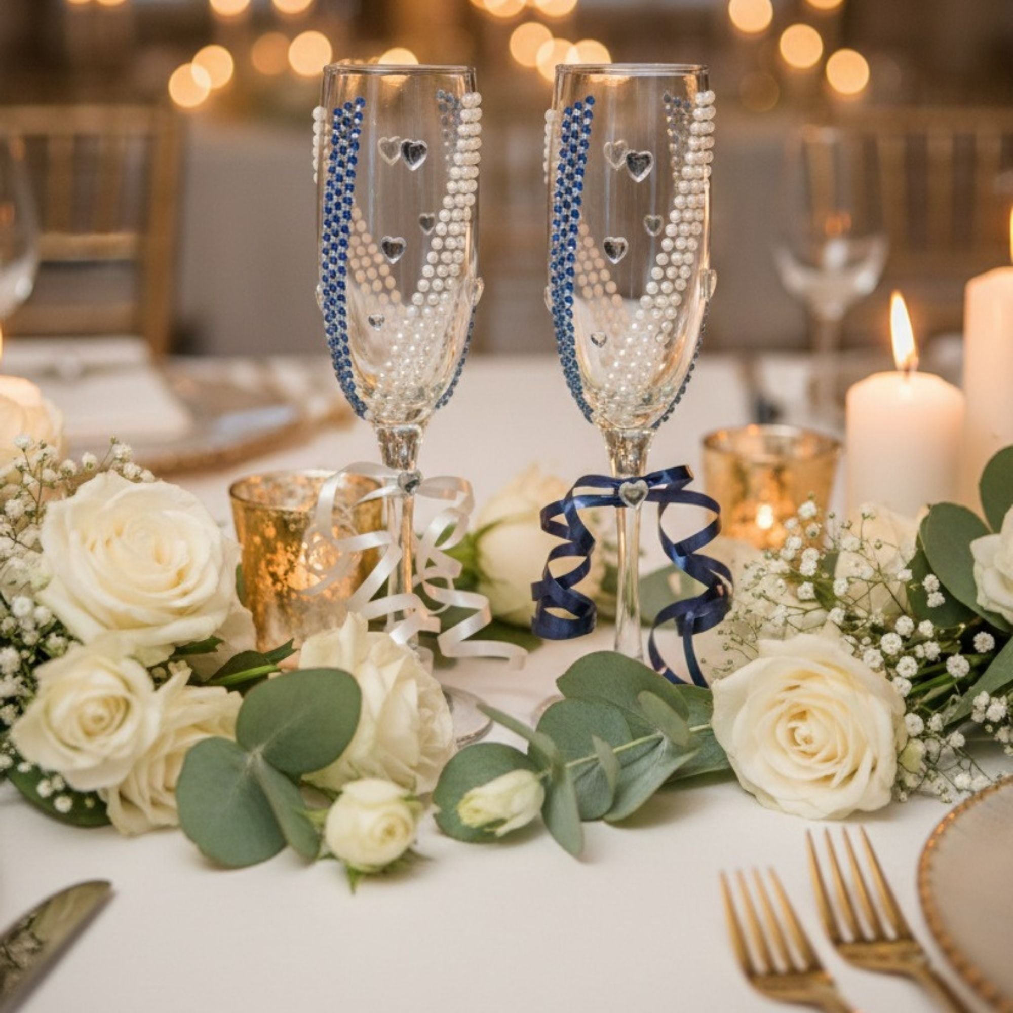 Blue Wedding Champagne Glasses with Pearls & Crystal Accents – Handmade Something Blue Bridal Toast Set – True Bliss