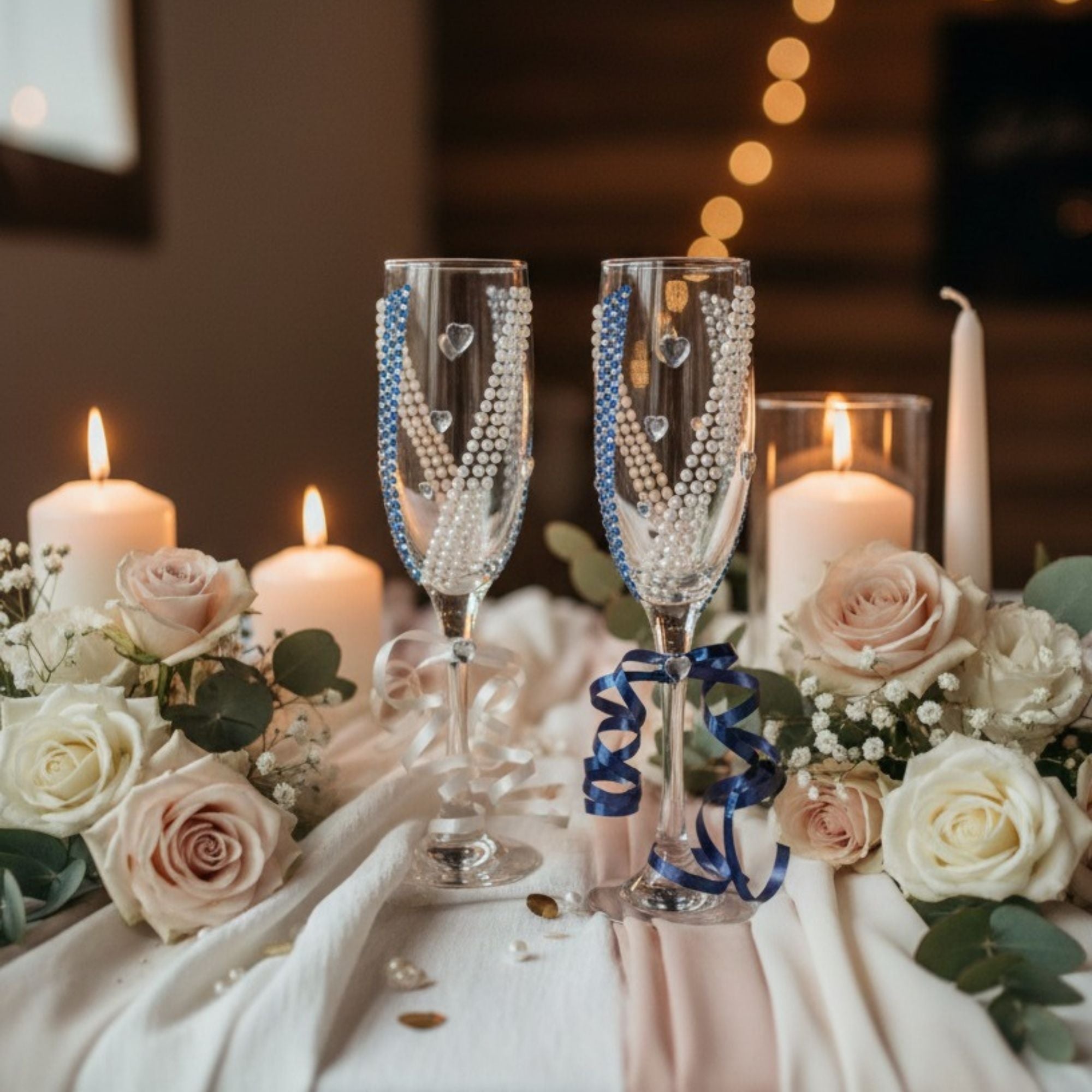Blue Wedding Champagne Glasses with Pearls & Crystal Accents – Handmade Something Blue Bridal Toast Set – True Bliss