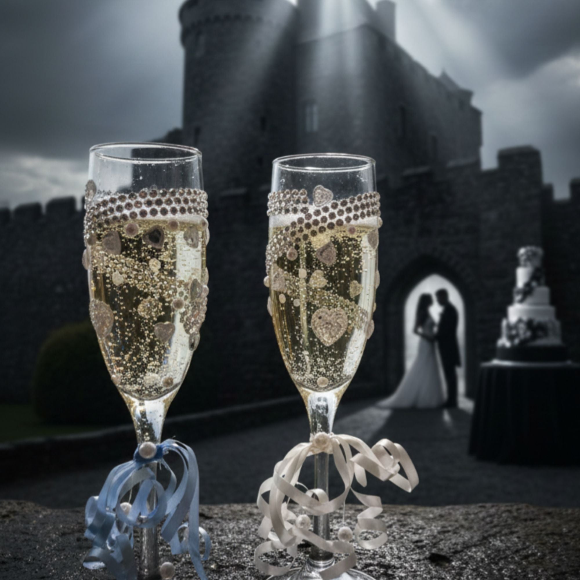 Wedding Champagne Glasses with Sparkling Stones, Pearls & Satin Ribbons – Handmade Romantic Bridal Toast Set – Frosted Hearts