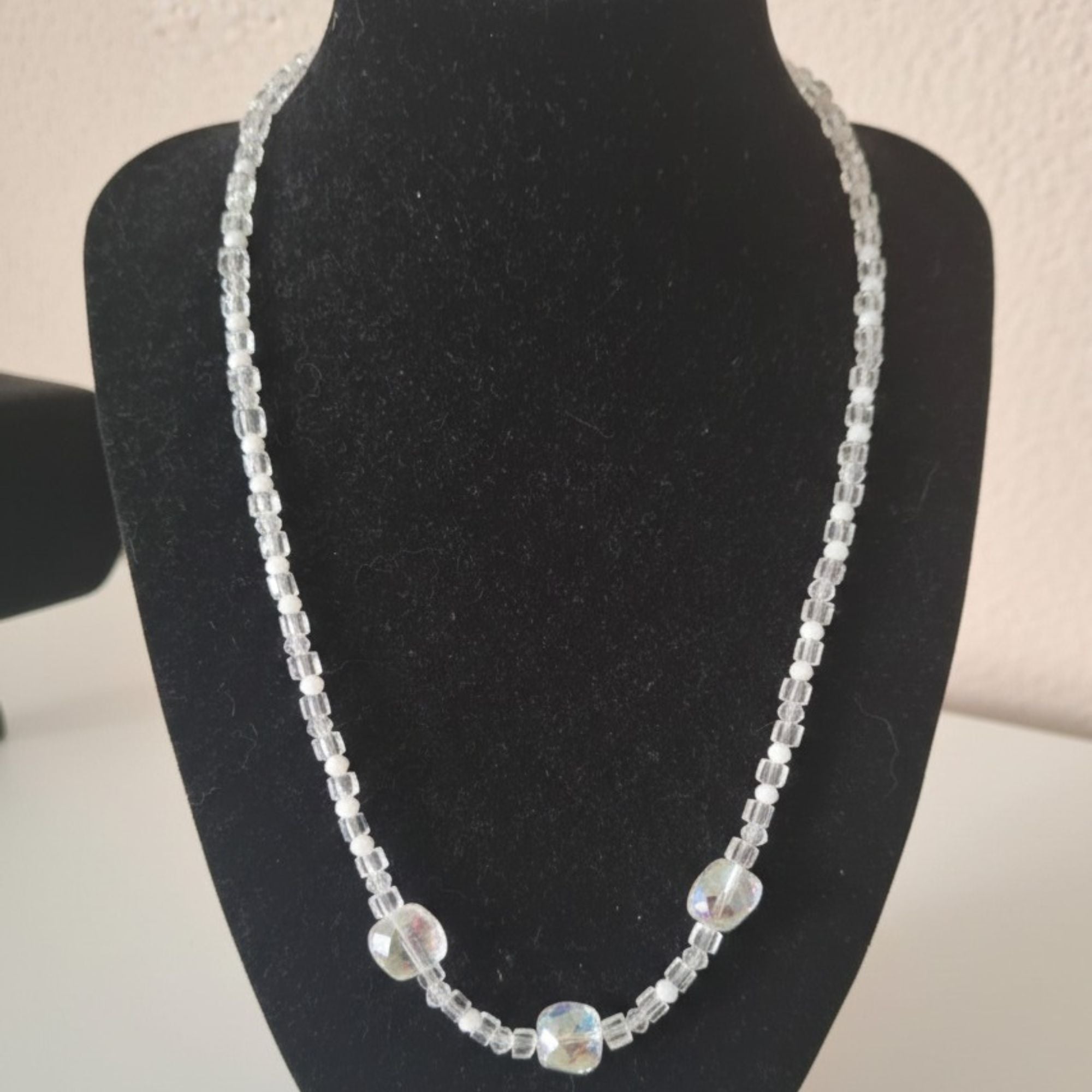 Clear Glass Cube & White Pearl Necklace – Minimalist Handmade Bridal Jewelry | Vega