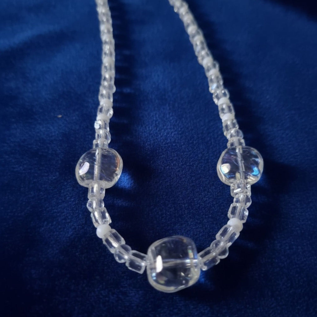 Clear Glass Cube & White Pearl Necklace – Minimalist Handmade Bridal Jewelry | Vega