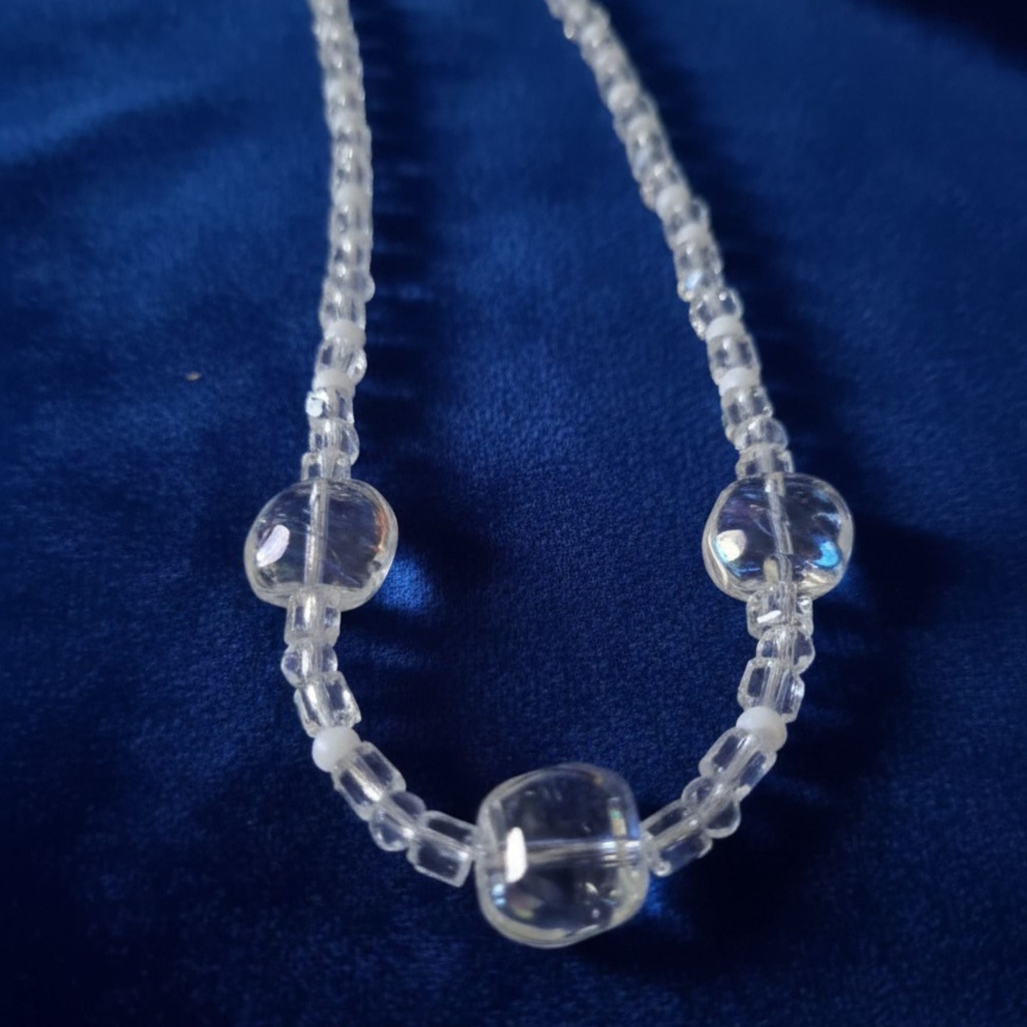 Clear Glass Cube & White Pearl Necklace – Minimalist Handmade Bridal Jewelry | Vega