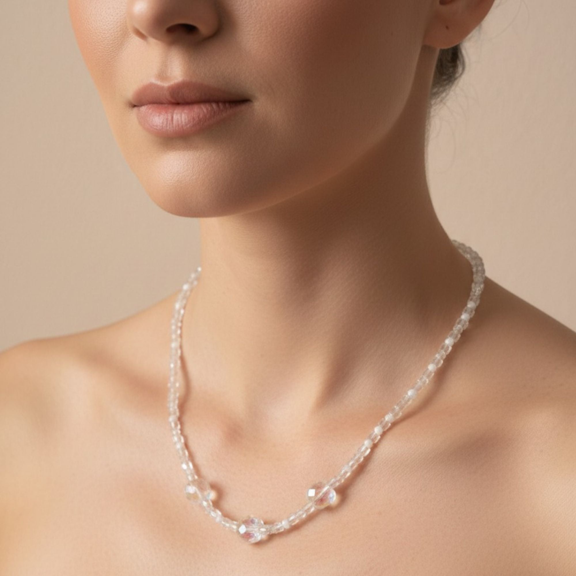 Clear Glass Cube & White Pearl Necklace – Minimalist Handmade Bridal Jewelry | Vega