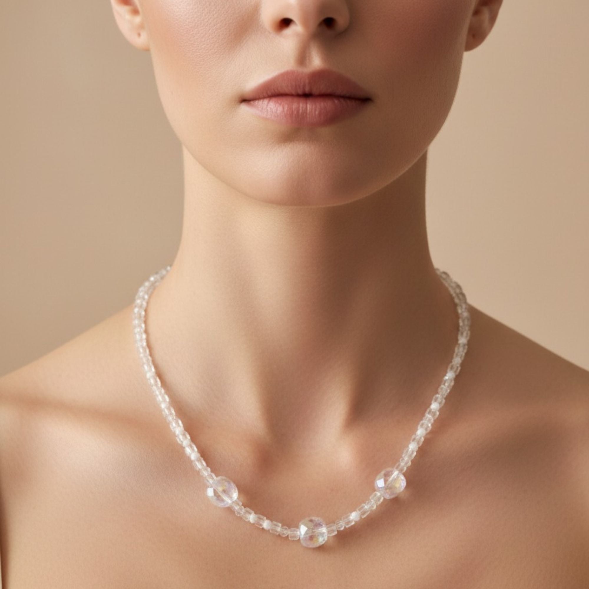 Clear Glass Cube & White Pearl Necklace – Minimalist Handmade Bridal Jewelry | Vega
