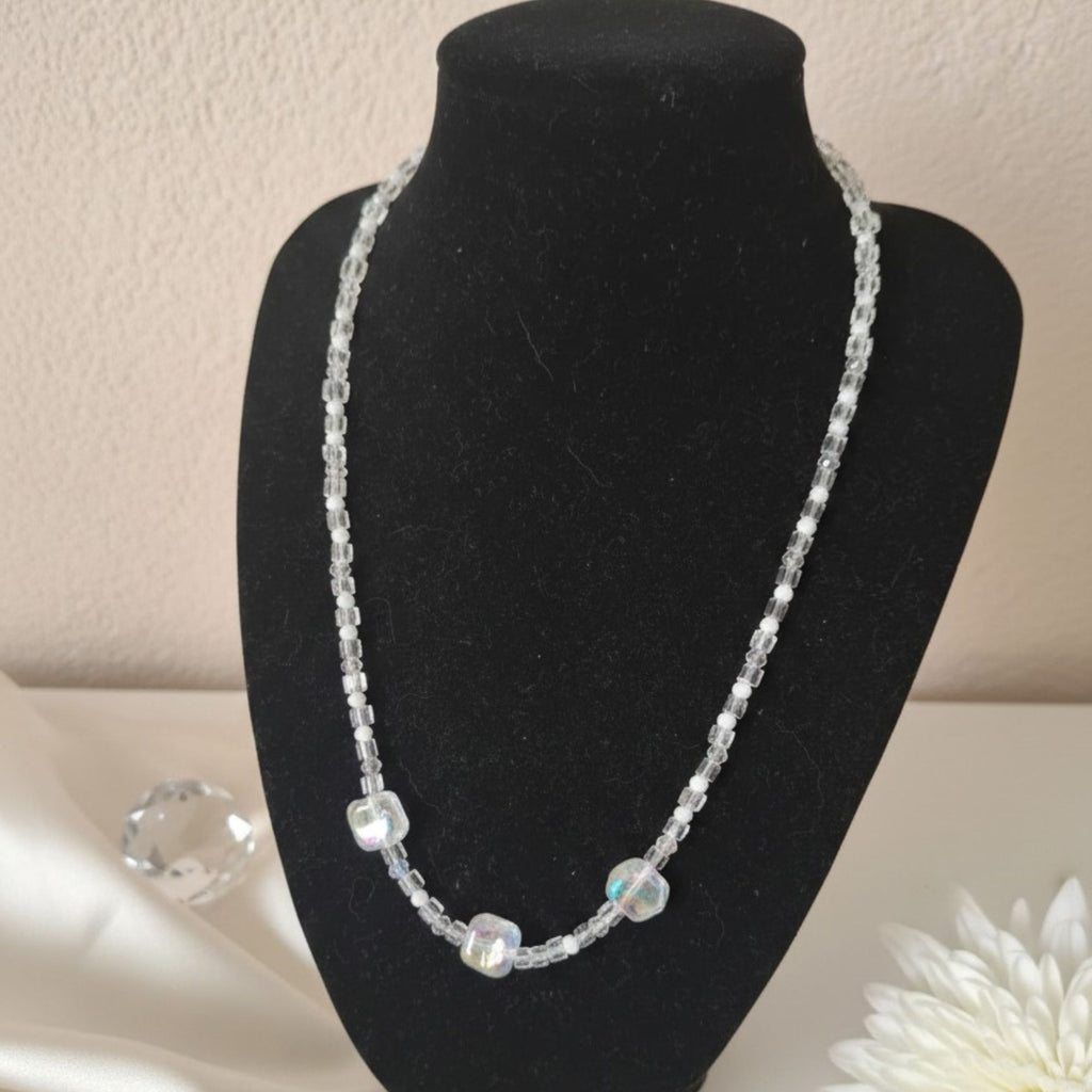 Clear Glass Cube & White Pearl Necklace – Minimalist Handmade Bridal Jewelry | Vega