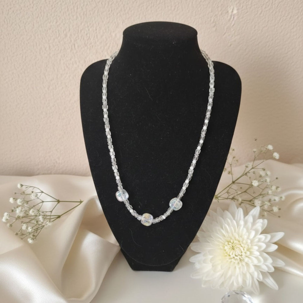Clear Glass Cube & White Pearl Necklace – Minimalist Handmade Bridal Jewelry | Vega