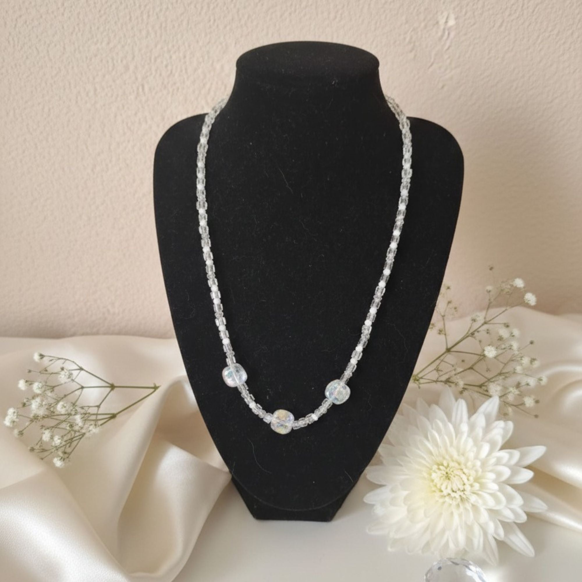 Clear Glass Cube & White Pearl Necklace – Minimalist Handmade Bridal Jewelry | Vega