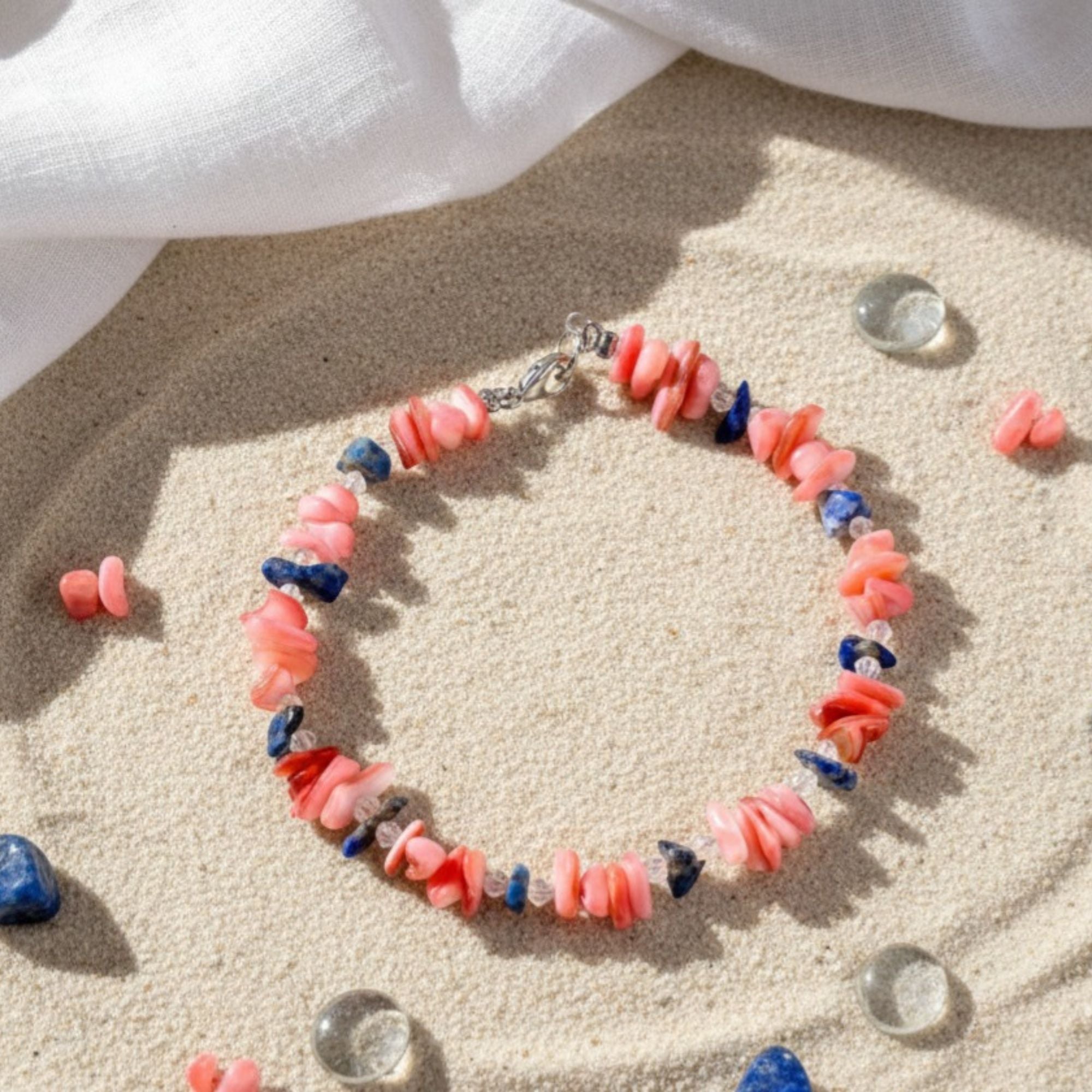 Coral & Lapis Lazuli Gemstone Bracelet – Handmade Ocean-Inspired Jewelry – Coral Blossom