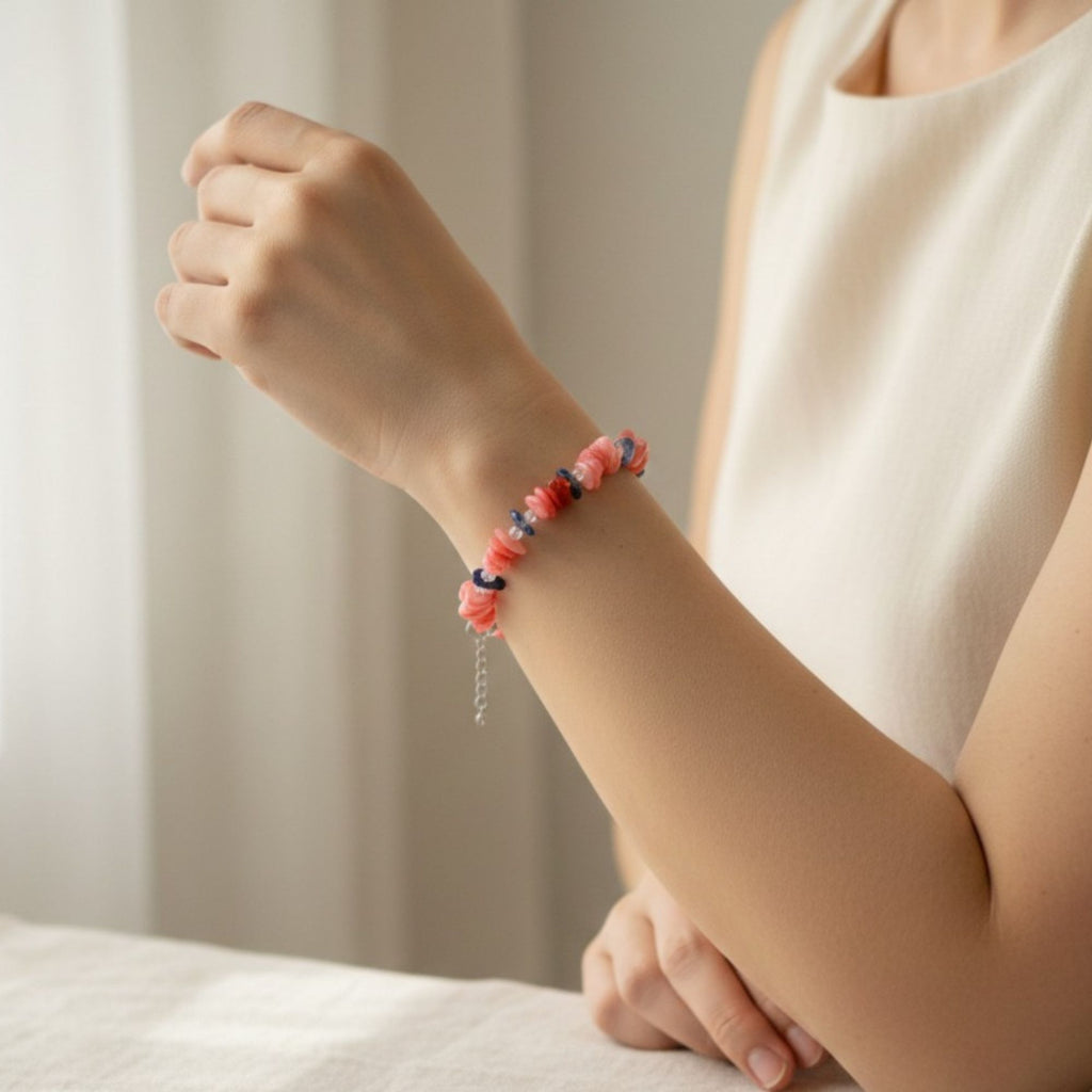 Coral & Lapis Lazuli Gemstone Bracelet – Handmade Ocean-Inspired Jewelry – Coral Blossom