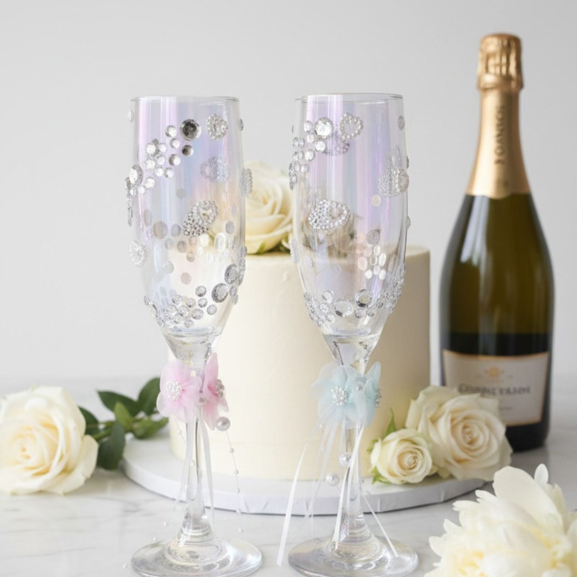 Wedding Champagne Glasses with Rhinestones, Pearls & Floral Details – Handmade Romantic Bridal Toast Set – Nova Petal