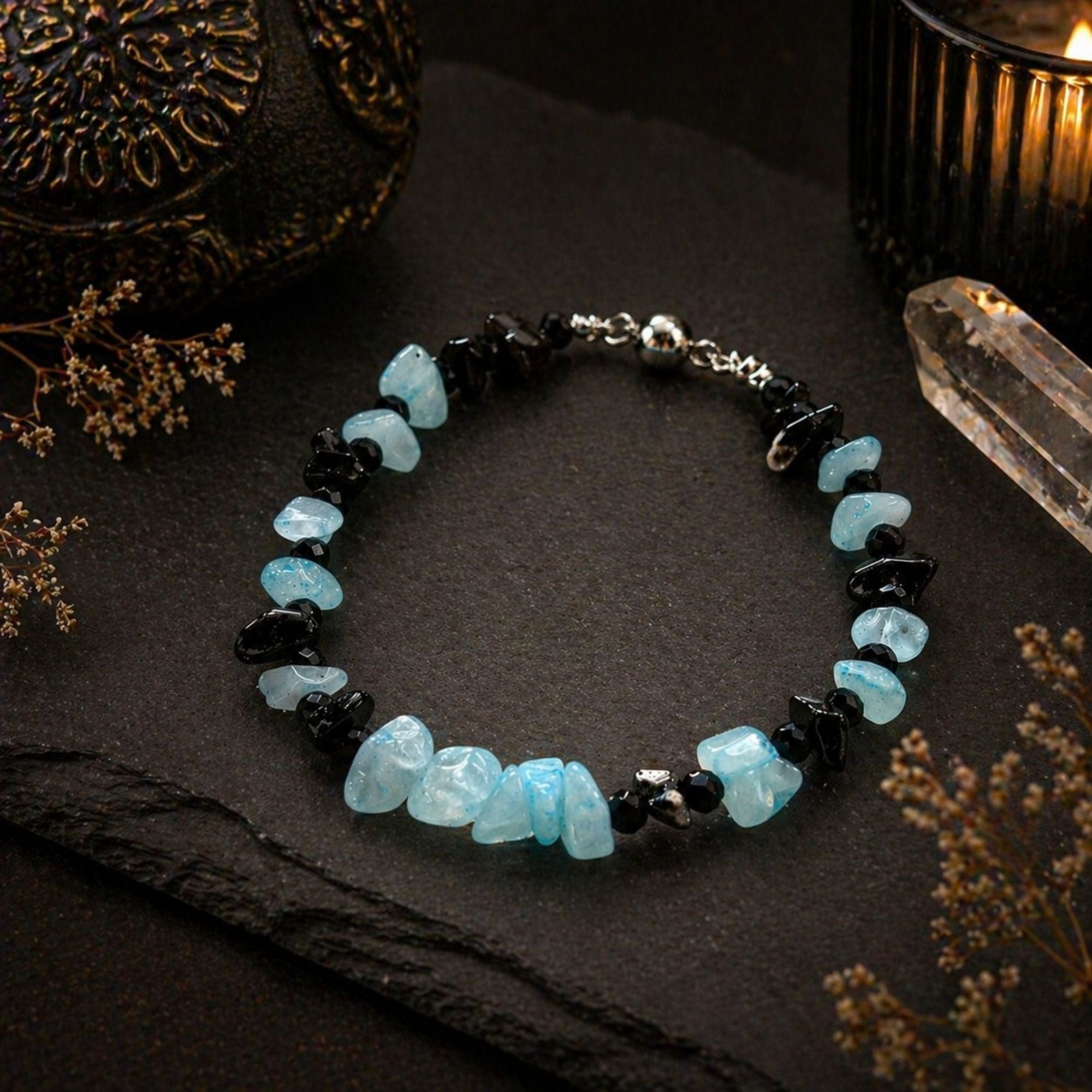 Aquamarine & Onyx Gemstone Bracelet – Elegant Blue and Black Jewelry – Deneb