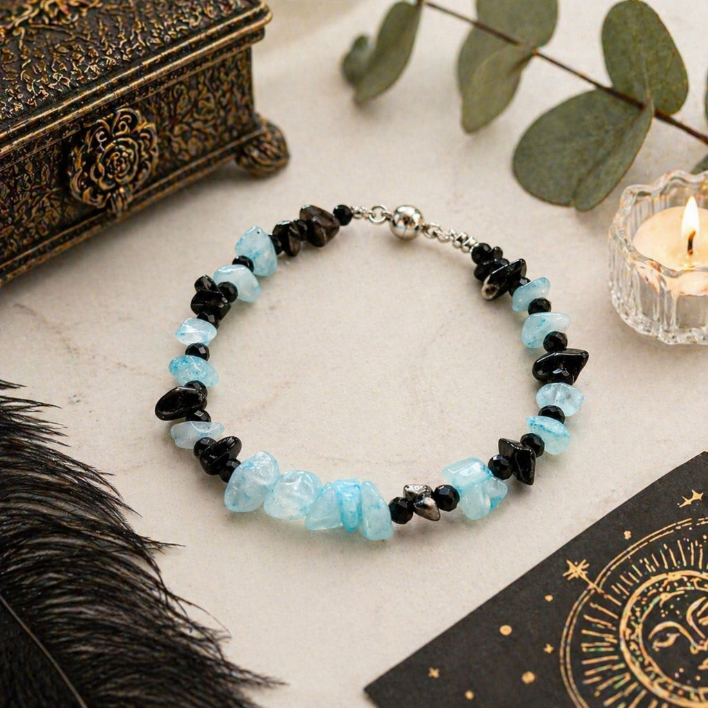 Aquamarine & Onyx Gemstone Bracelet – Elegant Blue and Black Jewelry – Deneb