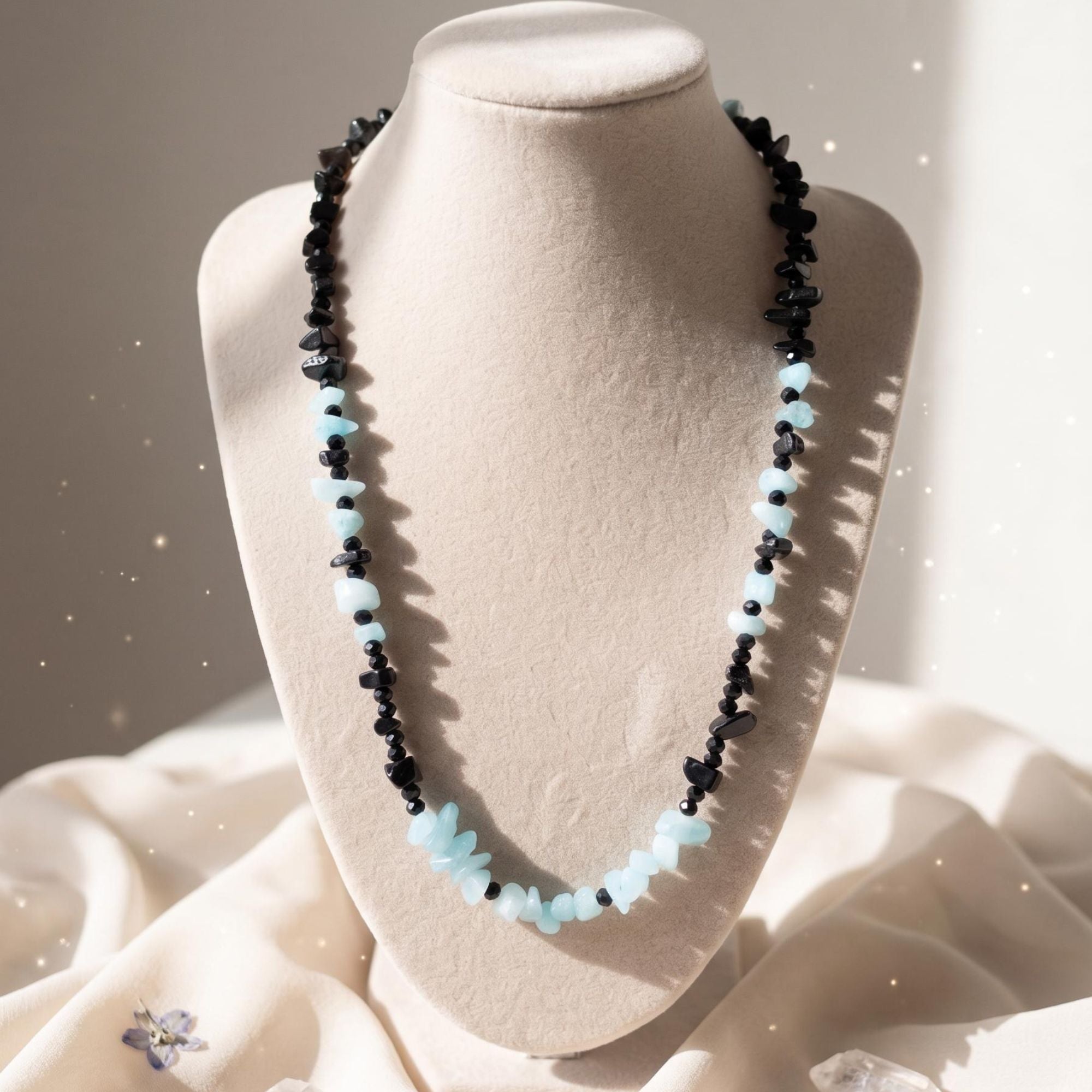 Aquamarine Onyx Necklace Blue Black – Gemstone Jewelry for Women Handmade – Deneb