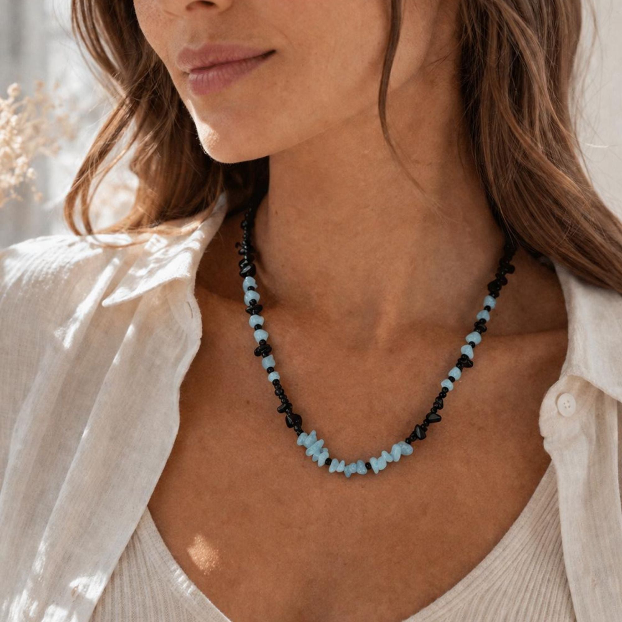 Aquamarine Onyx Necklace Blue Black – Gemstone Jewelry for Women Handmade – Deneb