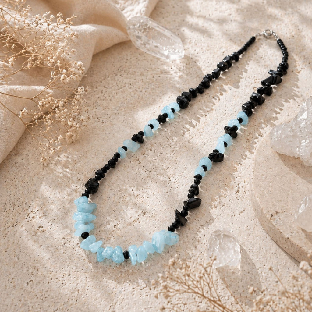 Aquamarine Onyx Necklace Blue Black – Gemstone Jewelry for Women Handmade – Deneb