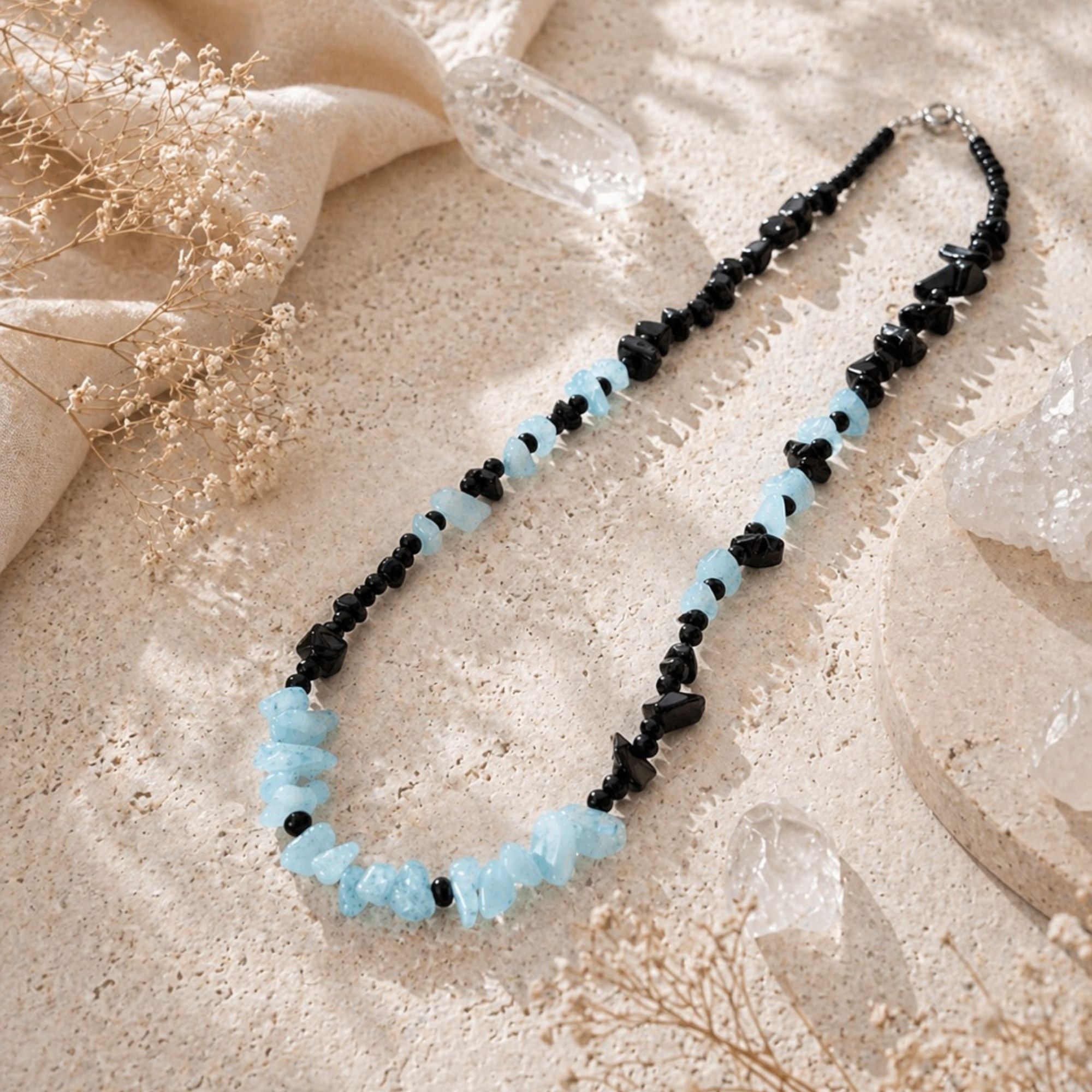 Aquamarine Onyx Necklace Blue Black – Gemstone Jewelry for Women Handmade – Deneb