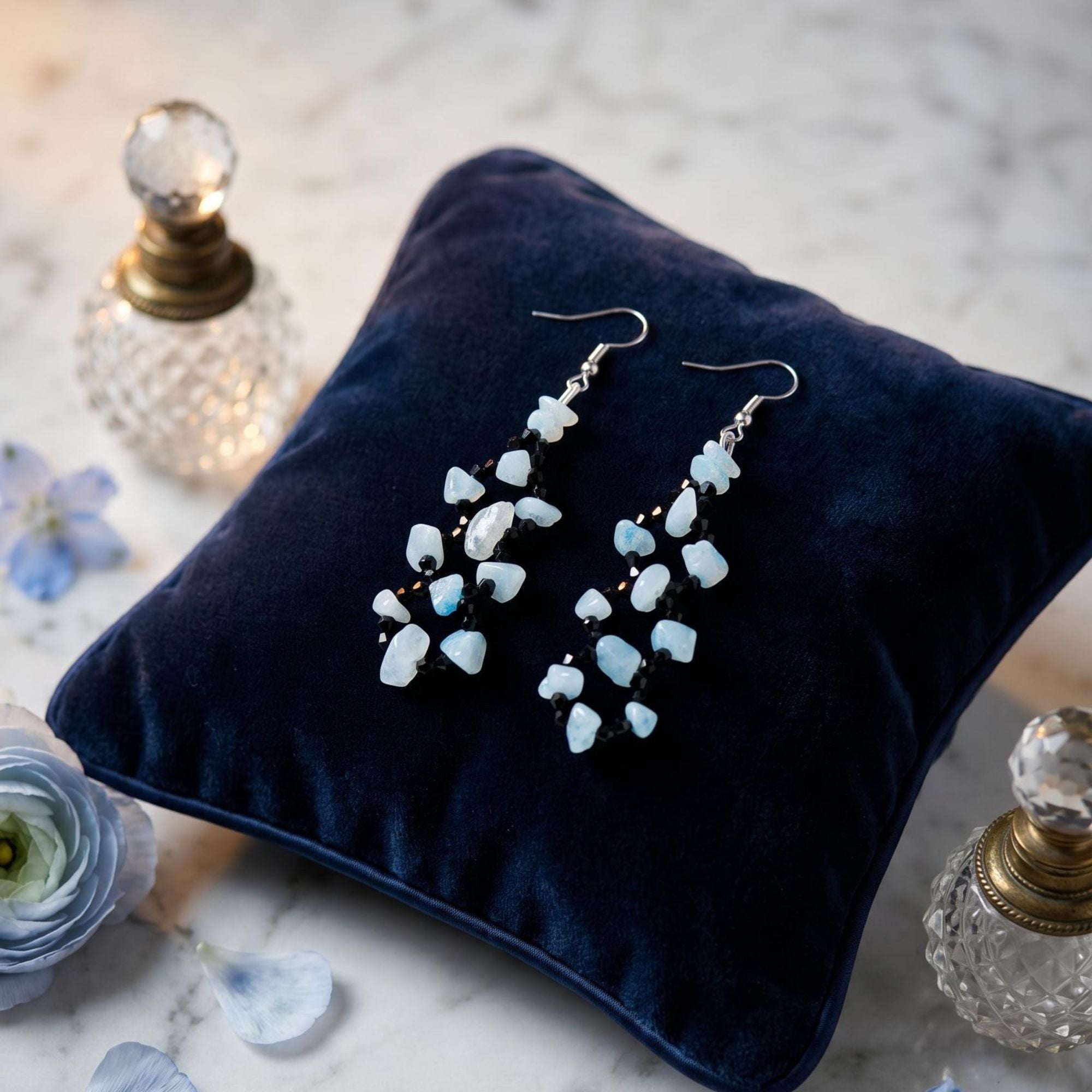 Handmade Aquamarine Chip Earrings with Black Crystal Glass Beads – Deneb