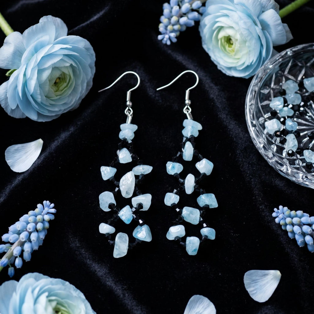 Handmade Aquamarine Chip Earrings with Black Crystal Glass Beads – Deneb