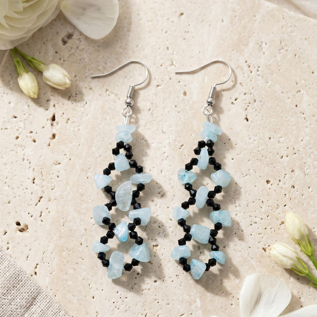 Handmade Aquamarine Chip Earrings with Black Crystal Glass Beads – Deneb