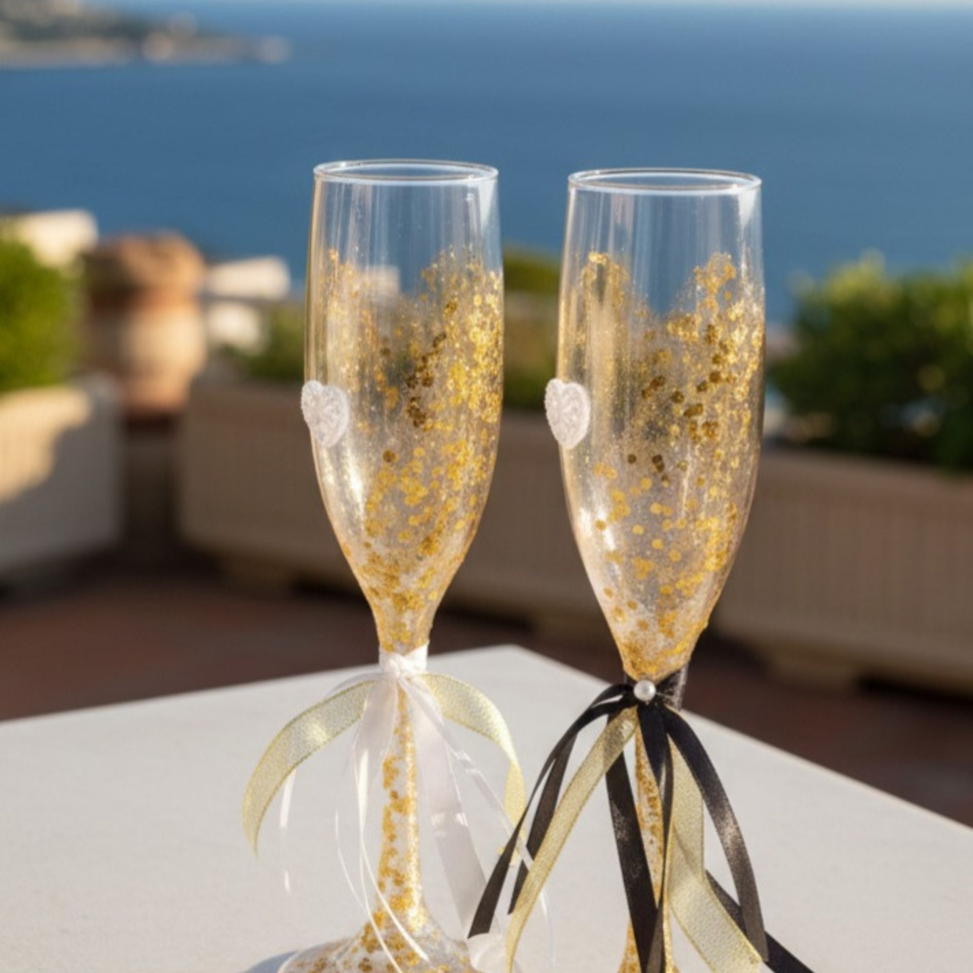 Gold Wedding Champagne Glasses with Golden Details & Satin Ribbons – Handmade Bridal Toast Set – Golden Celebration