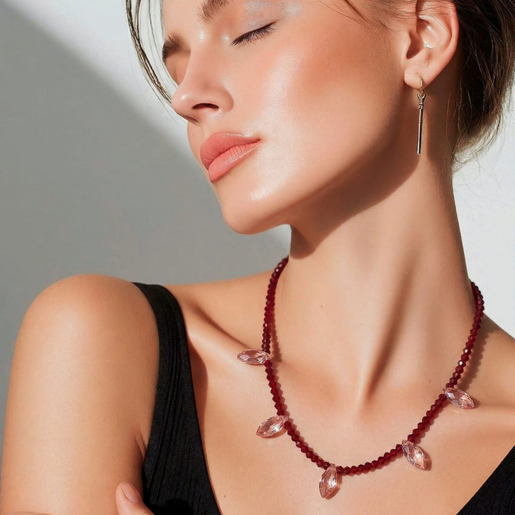 Red Beaded Necklace with Crystal Teardrops – Electra