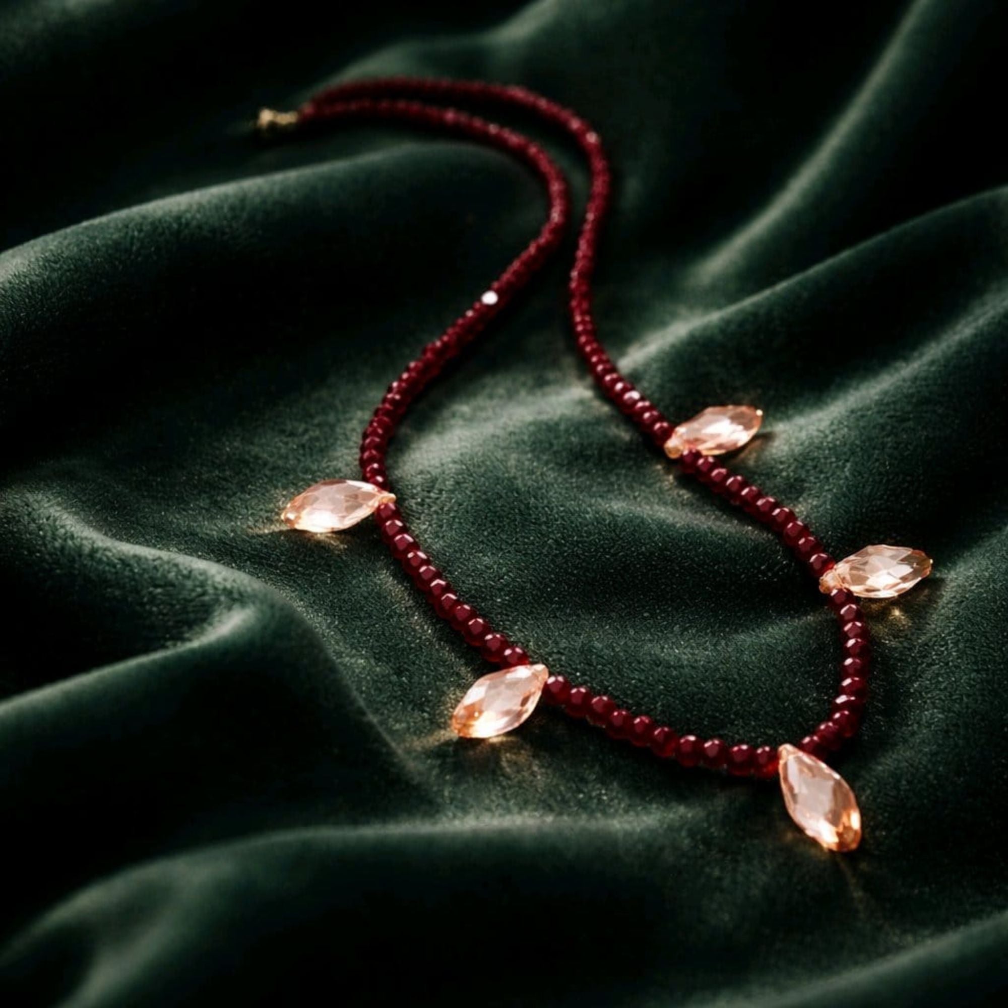 Red Beaded Necklace with Crystal Teardrops – Electra