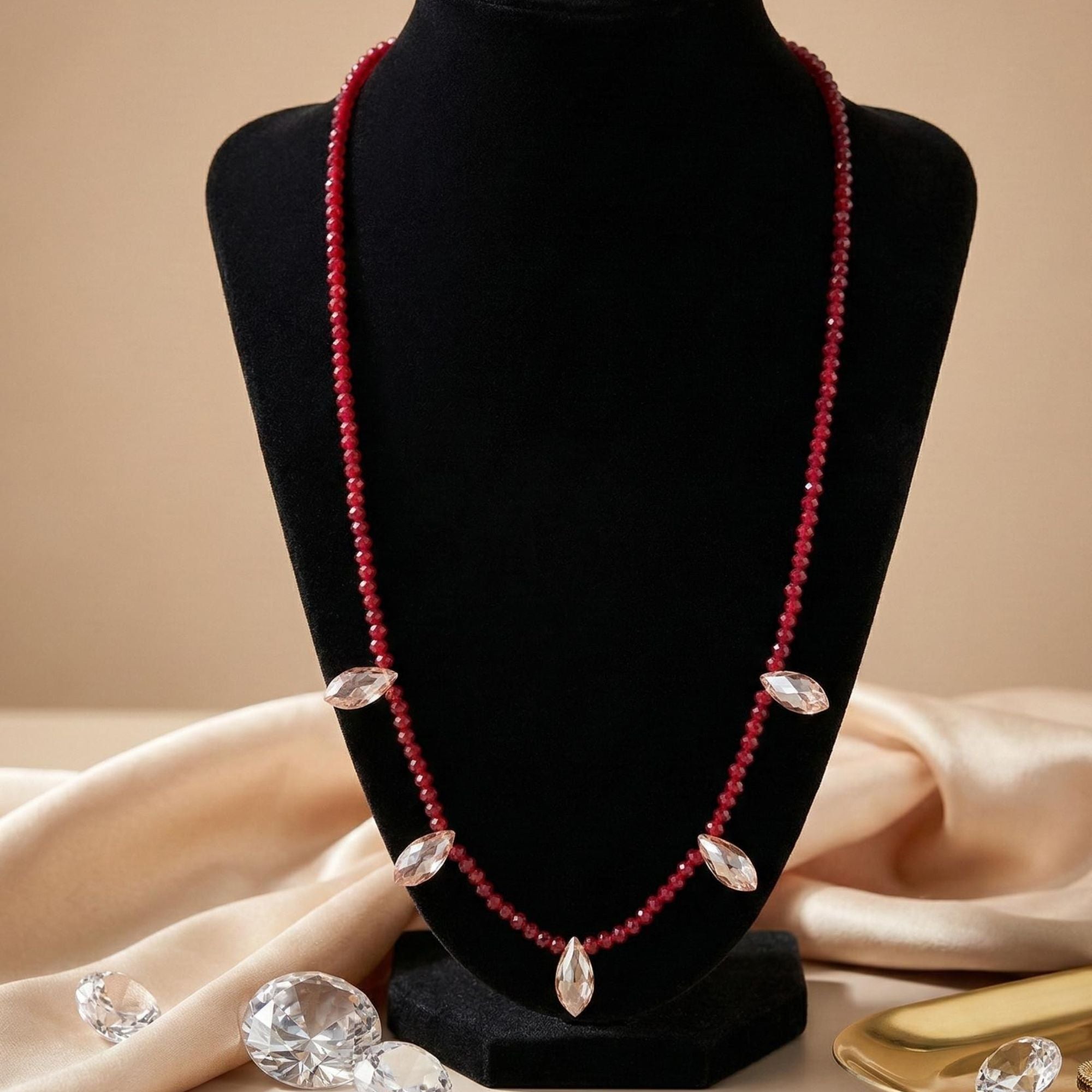 Red Beaded Necklace with Crystal Teardrops – Electra