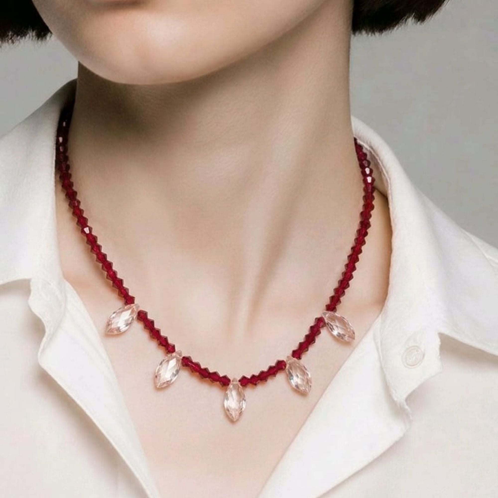 Red Beaded Necklace with Crystal Teardrops – Electra