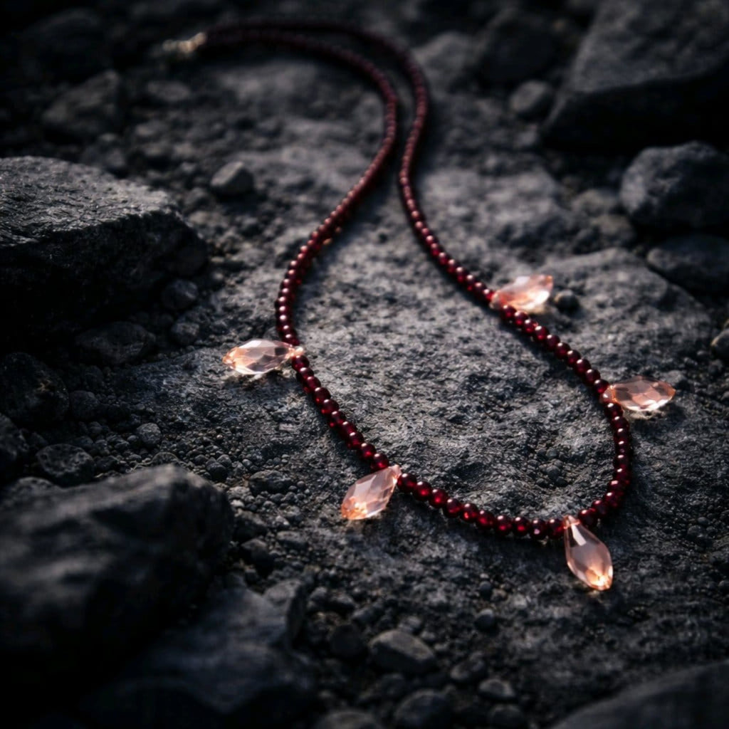 Red Beaded Necklace with Crystal Teardrops – Electra