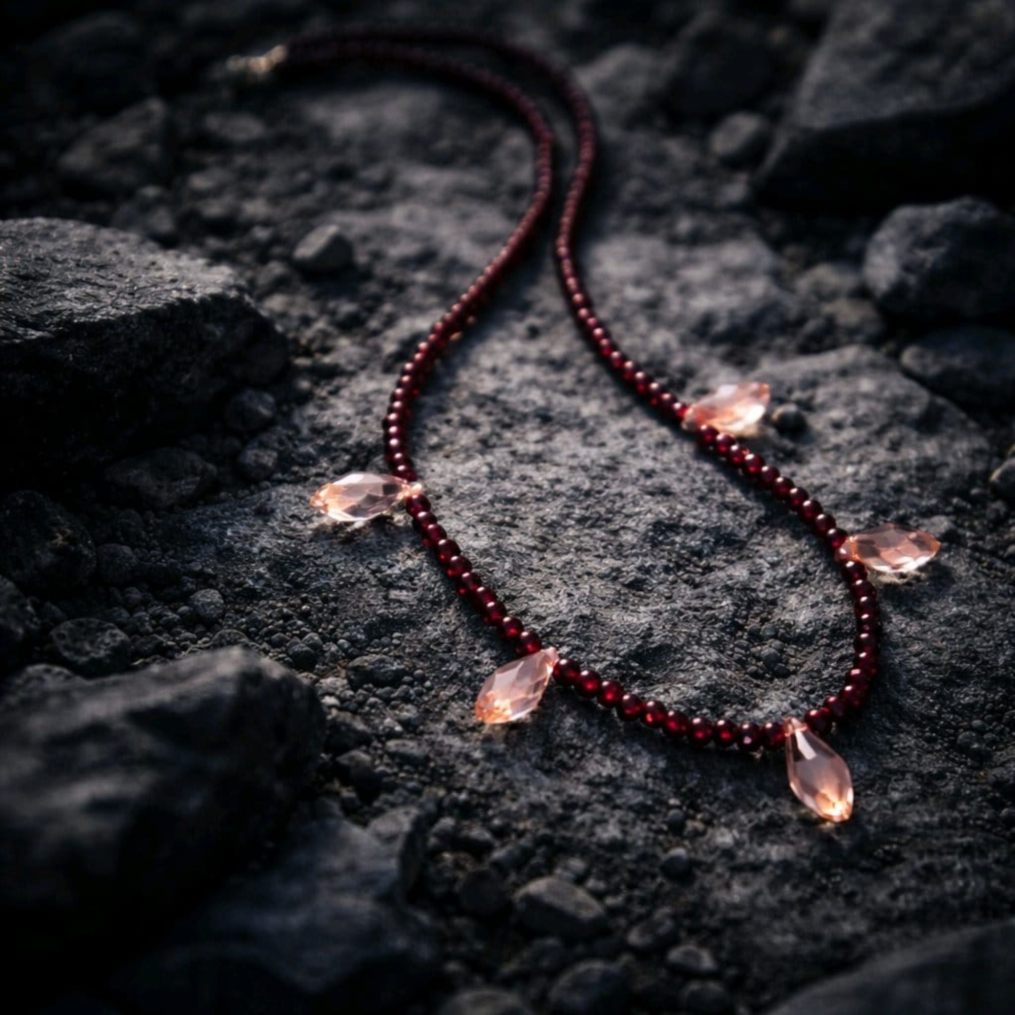Red Beaded Necklace with Crystal Teardrops – Electra