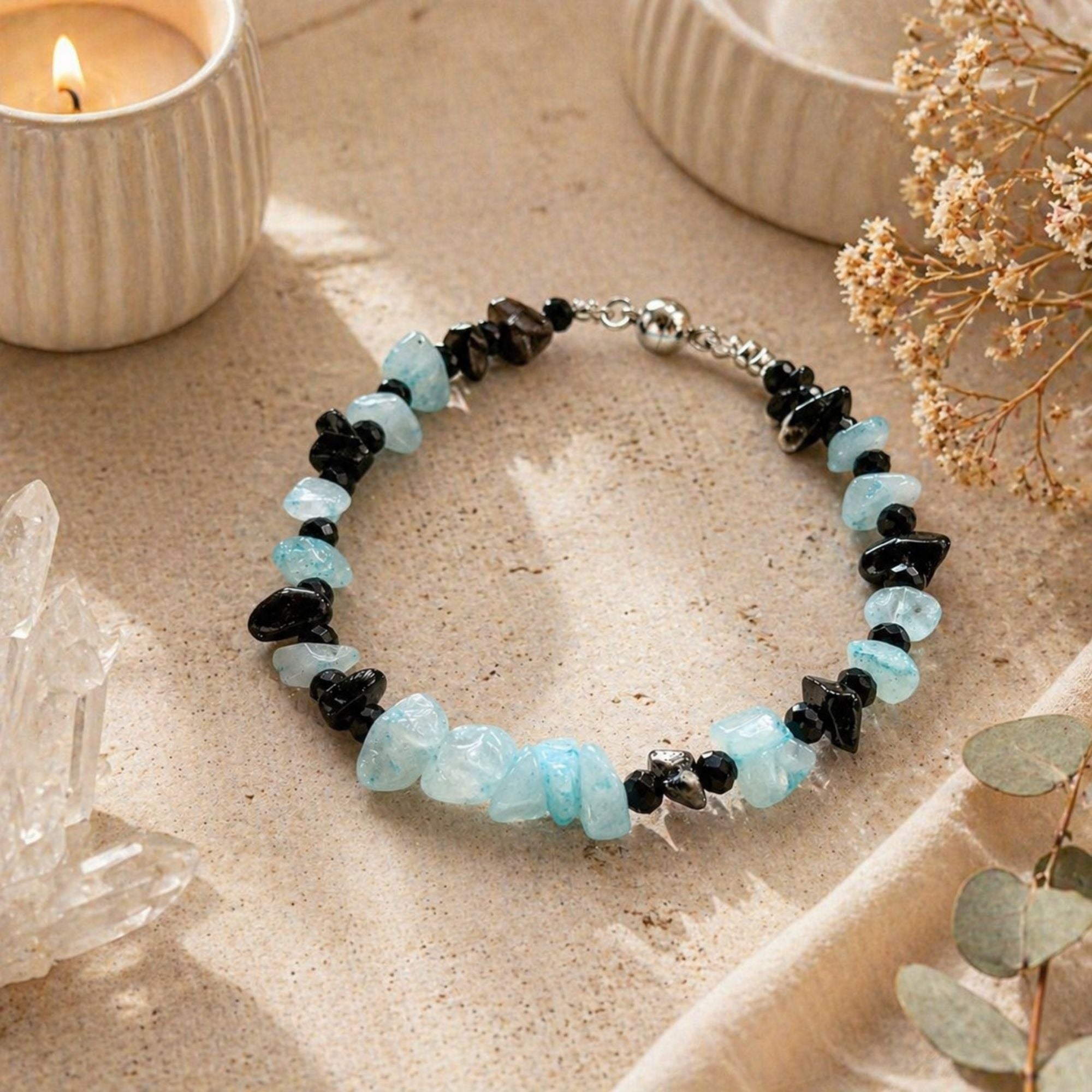 Aquamarine & Onyx Gemstone Bracelet – Elegant Blue and Black Jewelry – Deneb