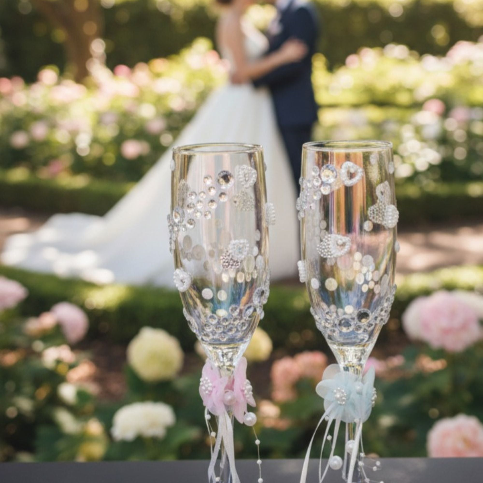 Wedding Champagne Glasses with Rhinestones, Pearls & Floral Details – Handmade Romantic Bridal Toast Set – Nova Petal