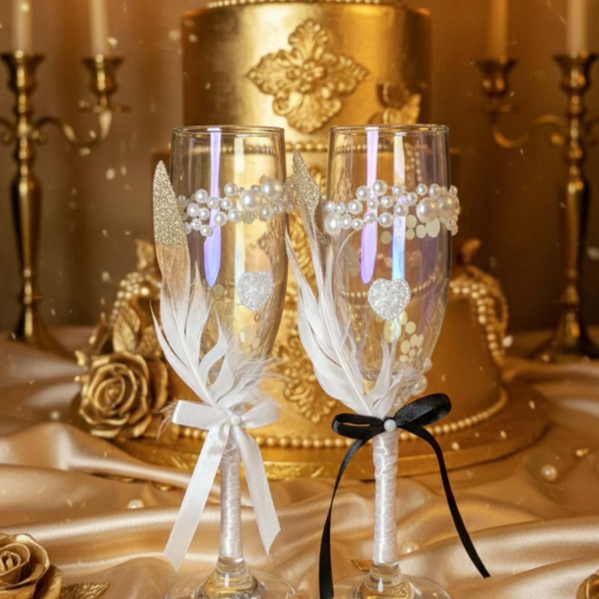 Wedding Champagne Glasses with Pearls, Ribbons & Heart Detail – Handmade Romantic Bridal Toast Set – Love Sparkle