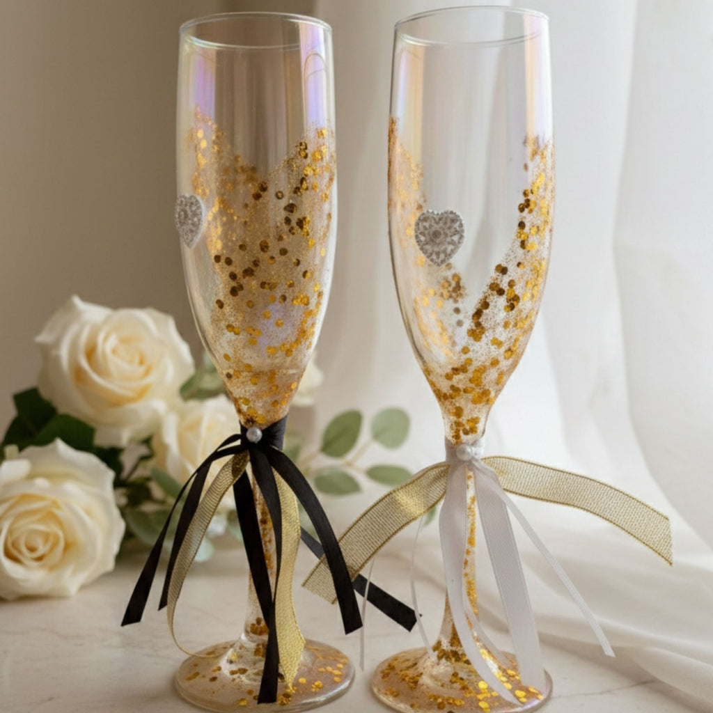 Gold Wedding Champagne Glasses with Golden Details & Satin Ribbons – Handmade Bridal Toast Set – Golden Celebration