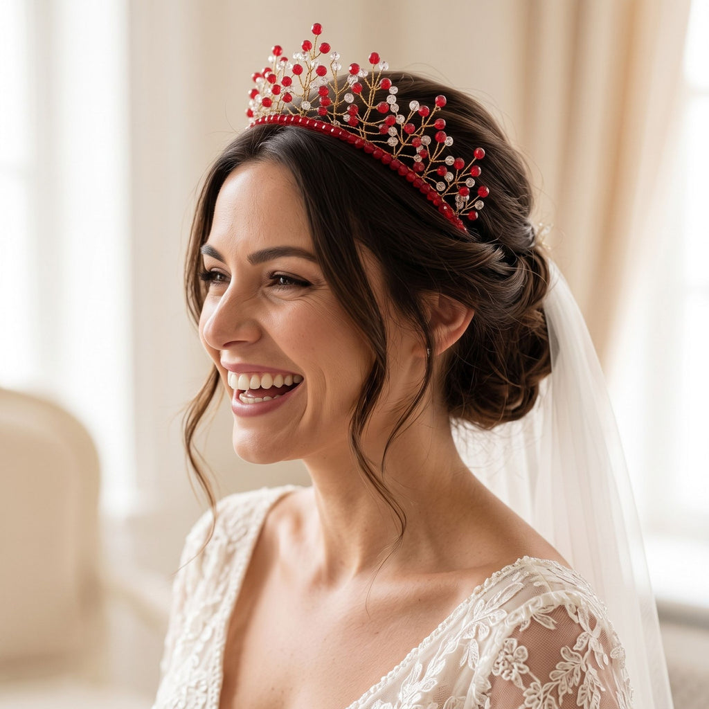 Bride wearing a handmade red and clear beaded bridal crown with delicate gold wire branches, styled with an elegant updo and white wedding veil.