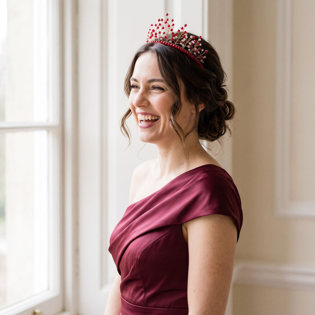 Woman wearing a handmade red and clear beaded crown with delicate gold wire branches, styled with an elegant burgundy off-shoulder dress.