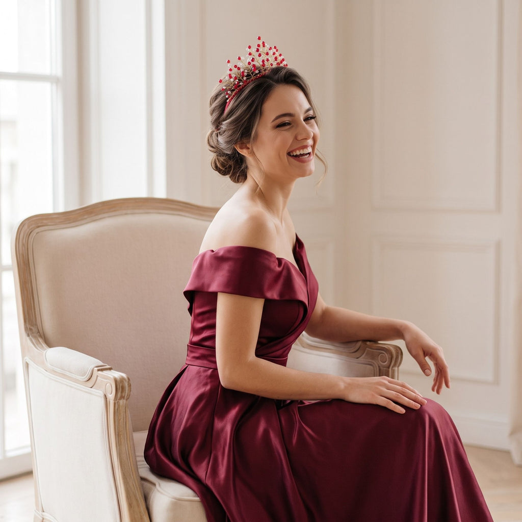 Woman wearing a handmade red and clear beaded crown with delicate gold wire branches, seated in an elegant chair and wearing a burgundy off-shoulder dress.