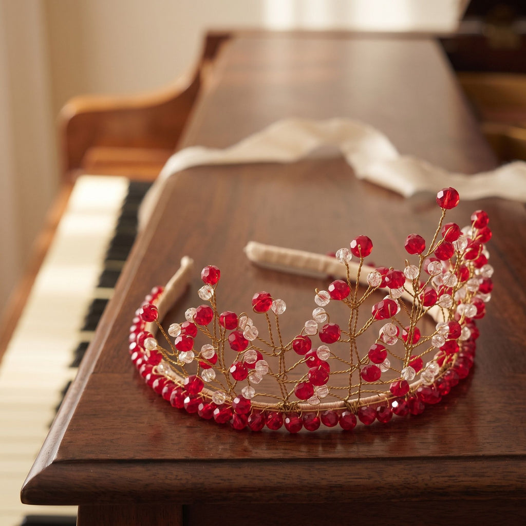 Handmade red and clear beaded crown with delicate gold wire branches, displayed on a wooden piano in a warm and elegant setting.