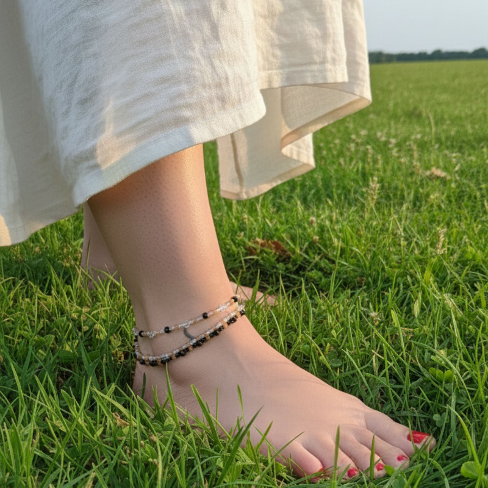 Citrine & Glass Bead Anklet – Handmade Healing Summer Jewelry – Golden Energy