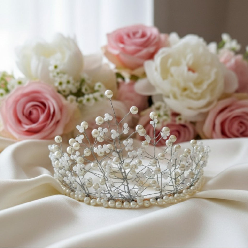White Pearl Bridal Crown – Handmade Wedding Hair Accessory – White Grace