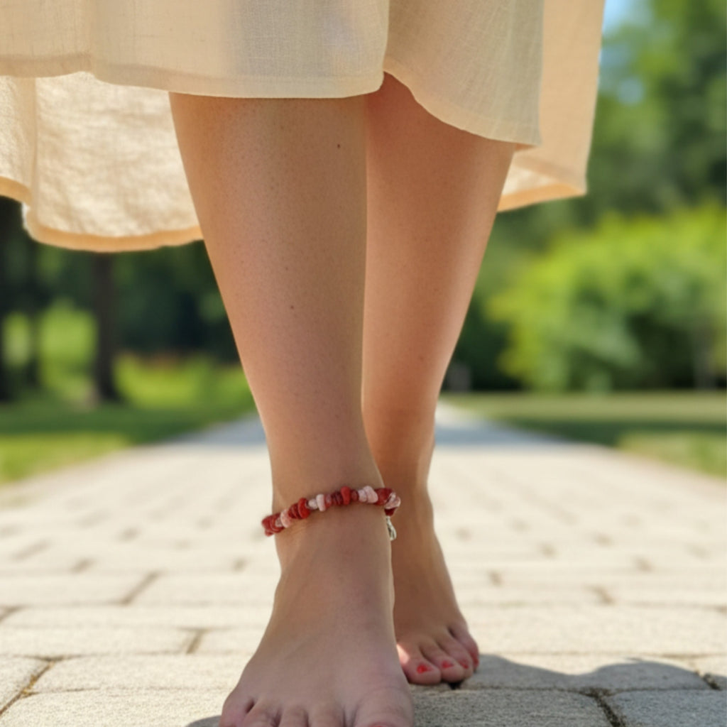 Red & Pink Coral Anklet – Handmade Summer Gemstone Jewelry – Burning Desire
