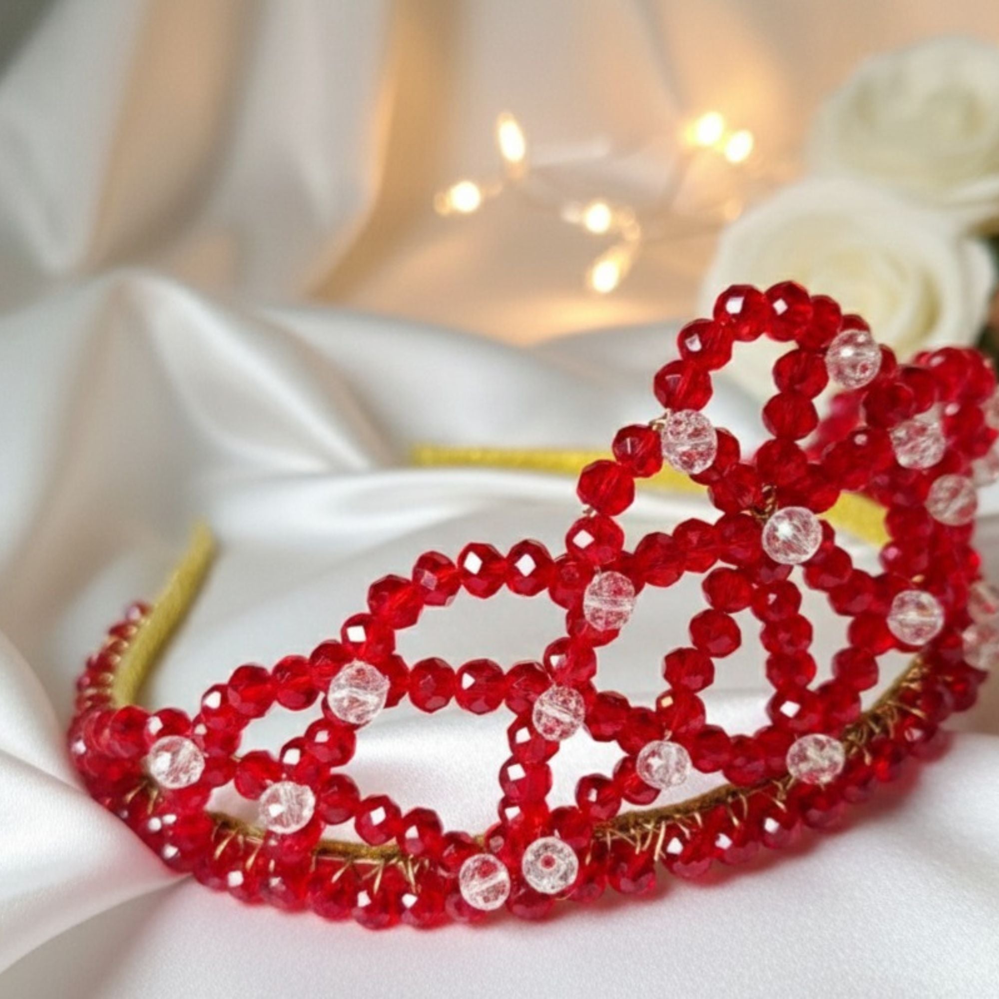 Red & Gold Beaded Bridal Crown – Handmade Royal Statement Hair Accessory – Red Queen