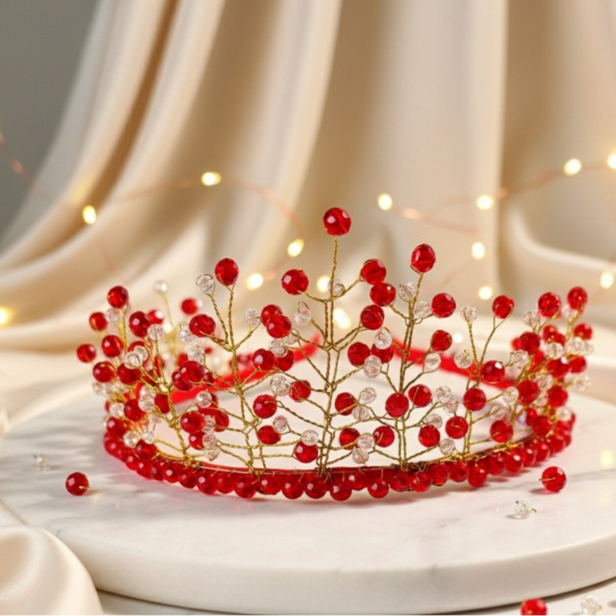 Red Crystal & Gold Wire Bridal Crown – Handmade Wedding Hair Accessory – Golden Blossom