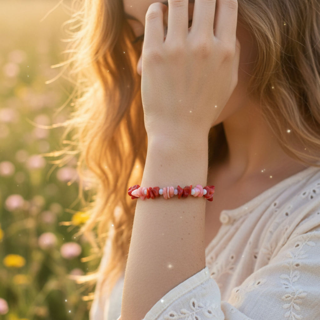Coral & Shell Gemstone Bracelet – Handmade Feminine Jewelry – Heart’s Harmony