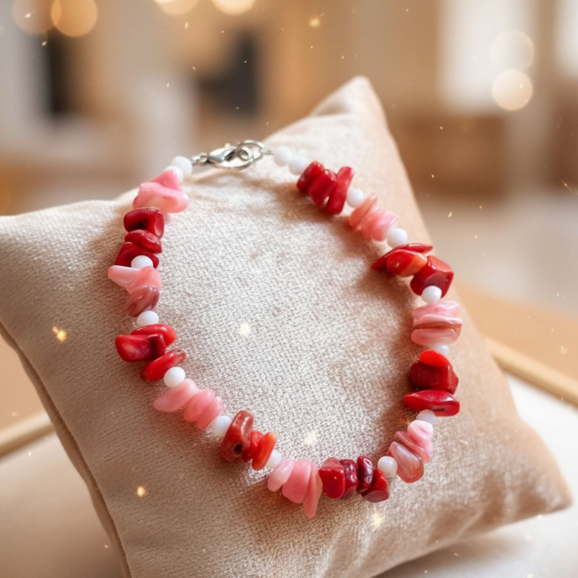 Coral & Shell Gemstone Bracelet – Handmade Feminine Jewelry – Heart’s Harmony