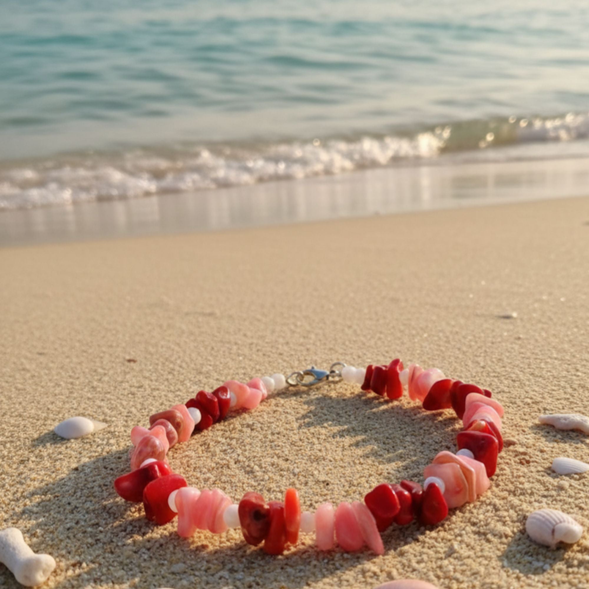 Coral & Shell Gemstone Bracelet – Handmade Feminine Jewelry – Heart’s Harmony