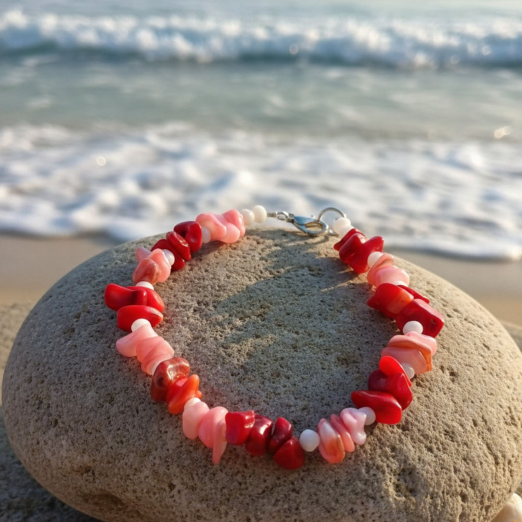 Coral & Shell Gemstone Bracelet – Handmade Feminine Jewelry – Heart’s Harmony