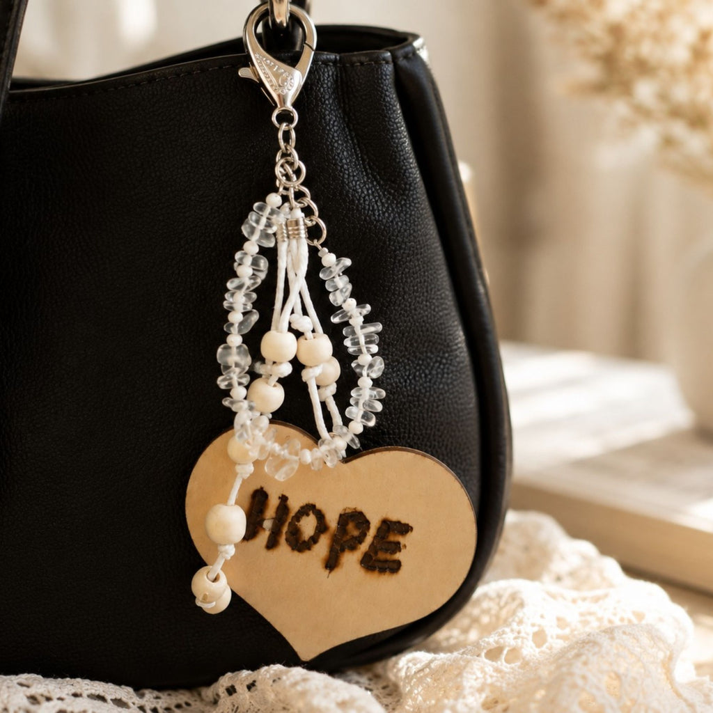 Handmade Hope bag charm attached to a black backpack, featuring genuine clear quartz chips, natural wooden beads, white knotted cords and a large wooden heart engraved with “HOPE”. The silver-tone lobster clasp and chain are clearly visible, while the contrast with the black bag highlights the transparent gemstones, light wood and handcrafted details.