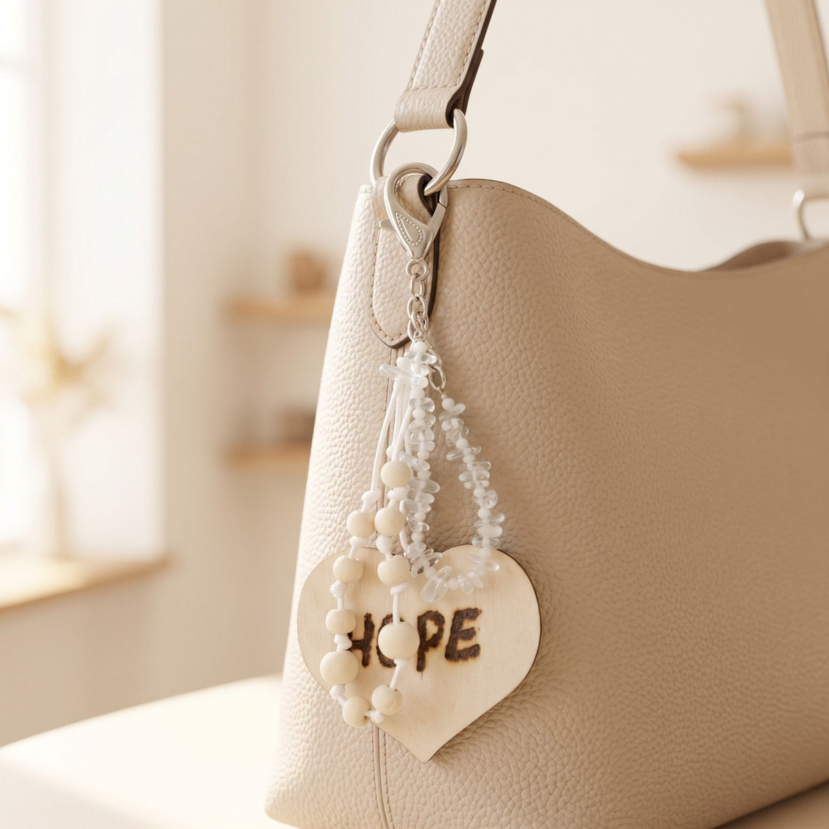 Handmade Hope bag charm attached to a beige handbag, featuring genuine clear quartz chips, natural wooden beads, white knotted cords and a large wooden heart engraved with “HOPE”. The silver-tone lobster clasp attaches the charm securely to the bag, showing how the accessory looks when worn.