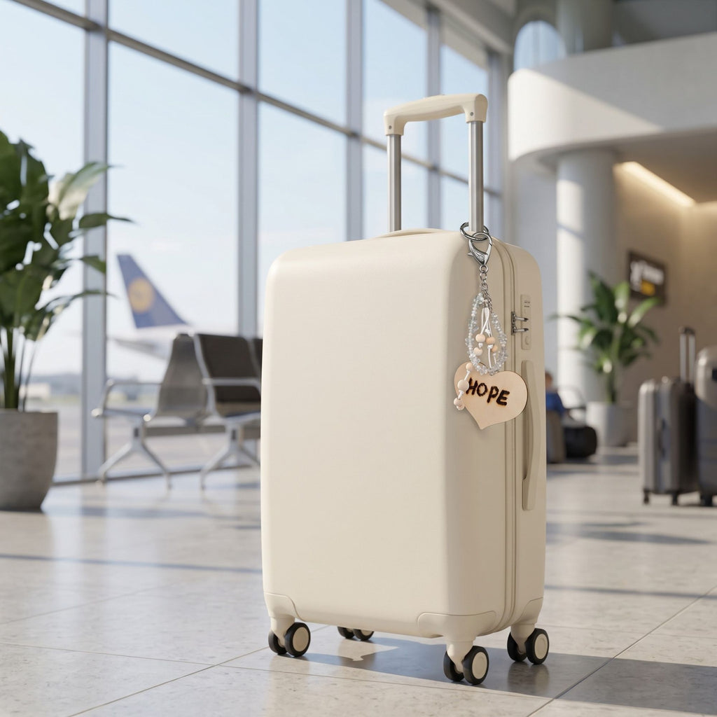 Handmade Hope bag charm attached to a cream-colored travel suitcase, featuring genuine clear quartz chips, natural wooden beads, white knotted cords and a wooden heart engraved with “HOPE”. The silver-tone clasp secures the charm to the suitcase, showing its use as a decorative travel accessory in a bright airport setting.